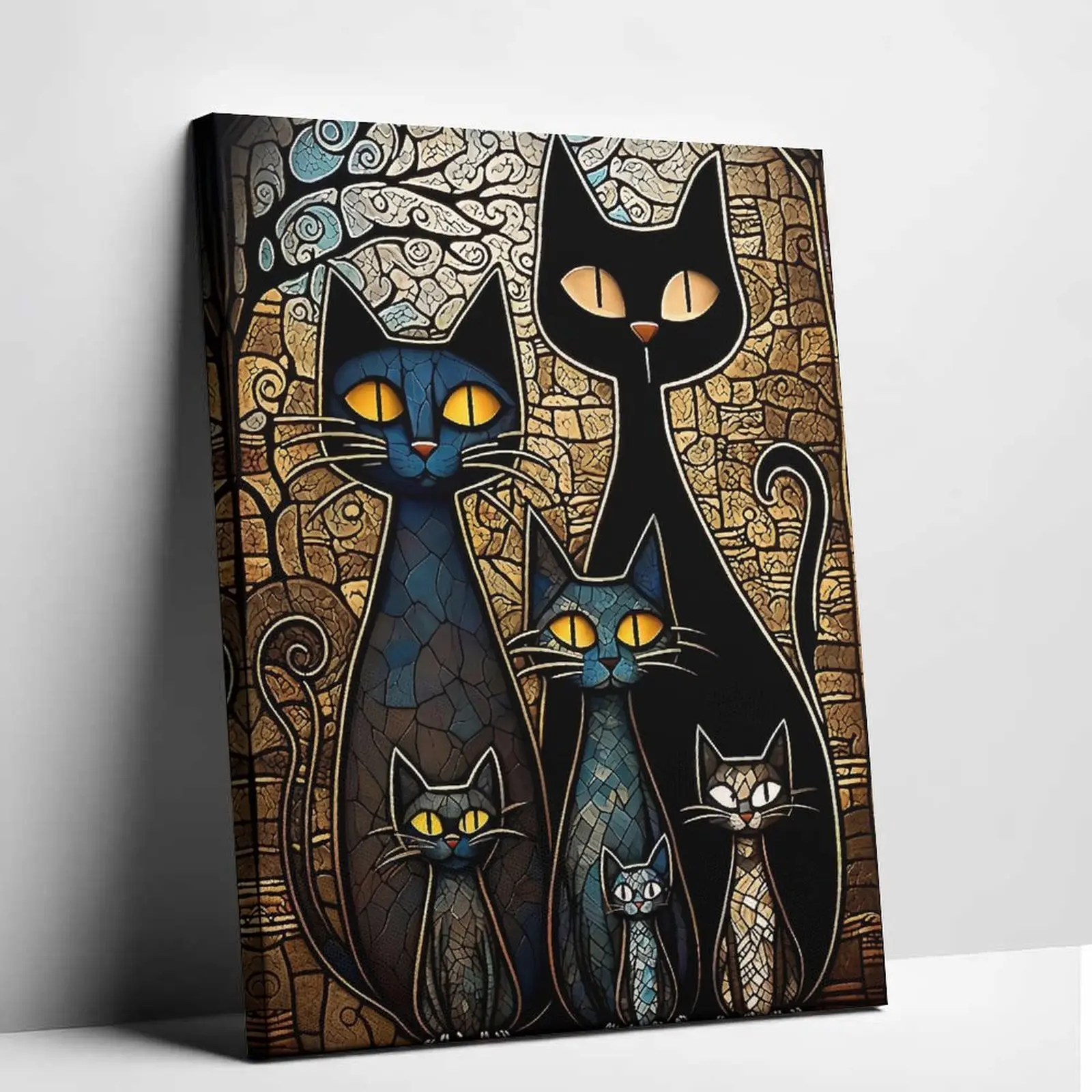 Abstract Black Cat Family Canvas Wall Art - Vintage Mosaic Style Feline Poster Print. Aesthetic Painting  Living Room & Bedroom Decor. Unique Gift  Cat Lovers for