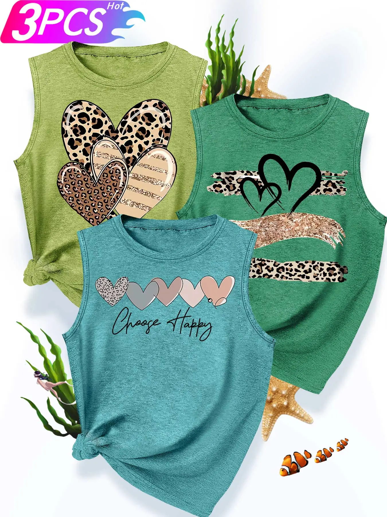 3-Pack Women's Crew Neck Sleeveless Tank Tops, Chic Casual Sleeveless Tops, Leopard Print Hearts & "Choose Happy" Slogan Print Set, Multiple Colors Available, Machine Washable, Spring & Summer Top, Soft Skin-Friendly Fabric Fashion Design