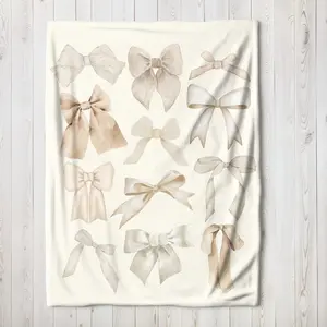 Beige Bow Print Blanket, Trendy Coquette Gift for Tweens or Teens, Pretty Neutral Baby Girl Nursery Decor, Matching Cousin Christmas Present