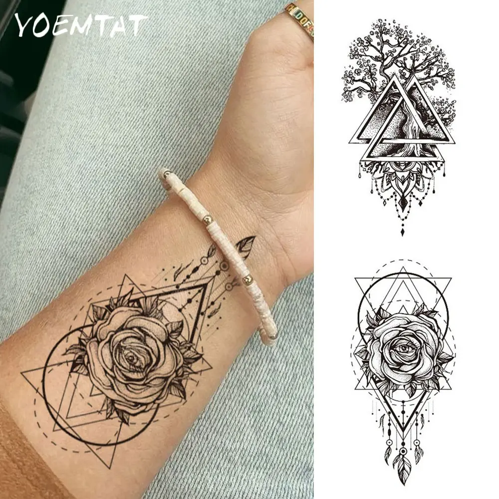2pcs Waterproof Temporary Tattoo Sticker Black Minimalist Geometric Forest Tree Of Life Rose Flower Eye Feather Pendant Pattern Body Art Arm Fake Tattoos Sleeve For Women Men Aldult Hands Neck Legs Ankles