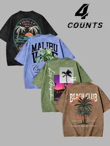 4-Pack Men's Streetwear T-Shirts, High-Street West Coast Style, Casual Beach Style, Tropical Print, Loose Fit, Summer Fashion, Casual Top