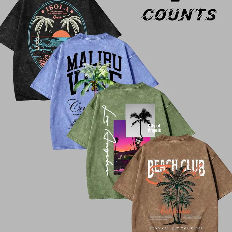 4-Pack Men's High-Street Streetwear West Coast Style T-Shirts, Casual Tropical Print Tees for Beach, Loose-Fit, Relaxed Fit, Oversize, Baggy, Aesthetic, Fashion Summer Wear, Menswear, Casual Graphic Tee, California Graphic Tee, Graphic Printed Tee