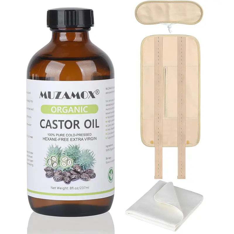 MUZAMOX Organic Cold-Pressed Unrefined Castor Oil - Chemical-Free, Skin Friendly Body Oil for Adults, Amber Glass Bottle with Organic Cotton Pack Wrap (8oz/237ml) for Body Care, Neck Wraps
