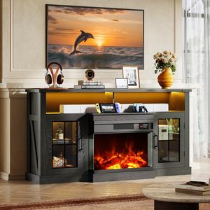 【2 Packages Shipped】WLIVE 3-Sided Glass Electric Fireplace TV Stand for 65 Inch TV, Entertainment Center with 14 Flame Colors & Adjustable LED Storage Cabinets, Farmhouse Media Console for Living Room, Bedroom