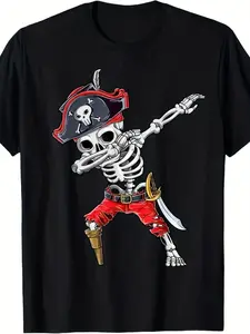 Men's & Women's Retro Pirate T-Shirt - 220gsm Pure Cotton Jolly Roger Flag with Dabbing Skeleton Graphic, Pirate Crew Shirt for Halloween Costume or Casual Wear, Unisex Tee