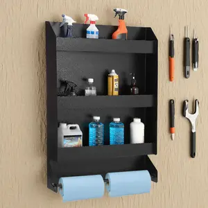 Wall Mounted Aluminum Storage Cabinet, 3-Tier Heavy Duty Tool Organizer with Flip-Out Worktable & Paper Towel Holder, Silver Cabinet for Garage, Workshop, Trailer Storage