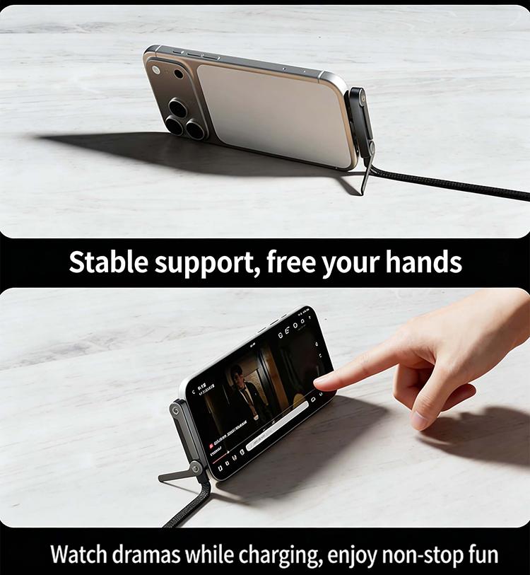 2-in-1 Invisible Phone Stand & Charging Cable, 240W Super Fast Charging Type-C Cable, Portable Hidden Holder Cord for Gaming Office Car Travel, Black Universal Cell Phone Accessory