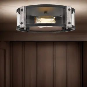 2-Light Farmhouse Glass Flush Mount Ceiling Light, 13" Wood Flush Mount Light Fixture, White Wood, Matte Black Finish