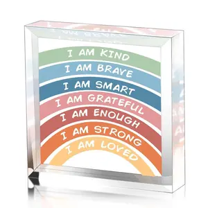 1pc, Inspirational Gift, I Am Kind Smart Brave Positive Affirmations Boho Square Ornament, Rainbow Sign, Couples Gift, Birthday Gift, Office Desktop Ornament, Home Crafts Decorative Gift, Memorial Gift, Party Table Centrepiece