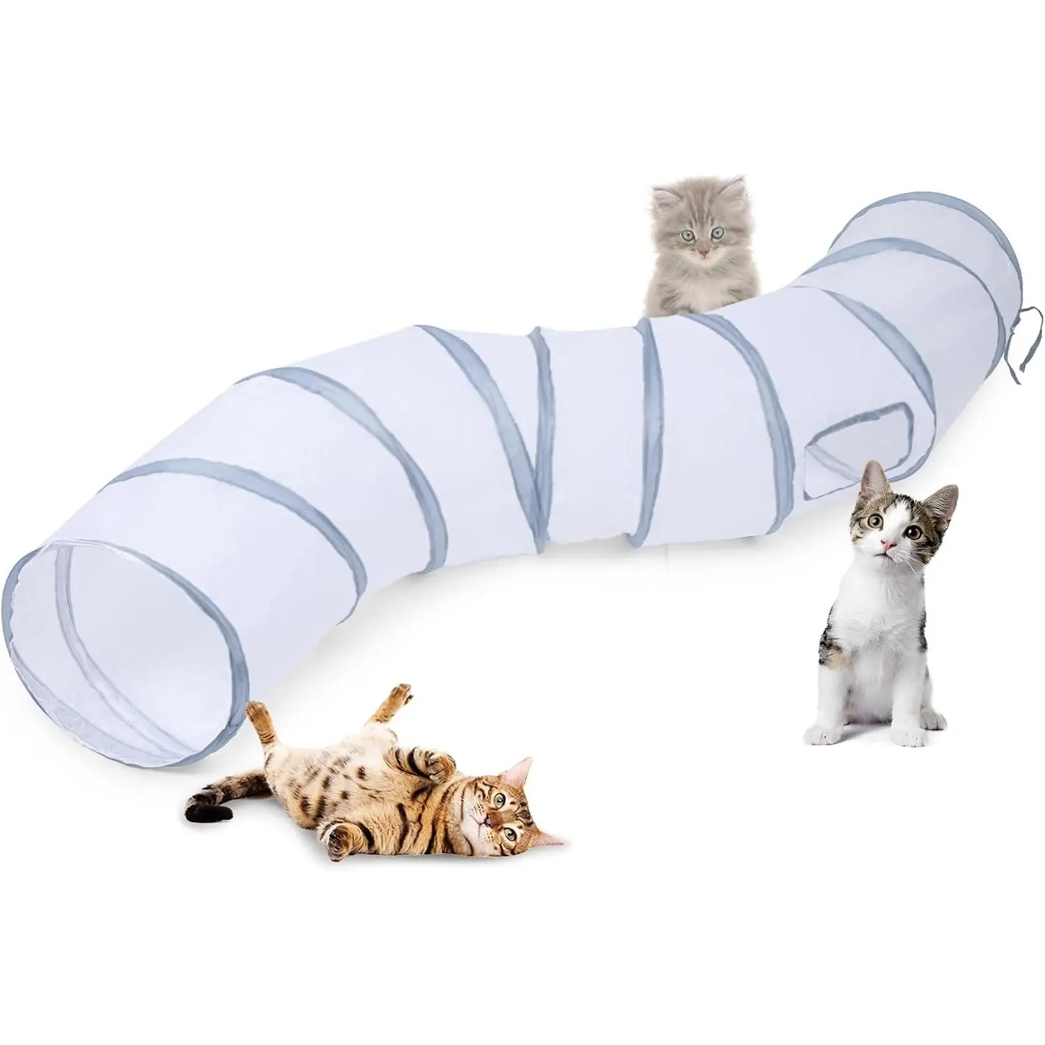 Tunnel, S-2-Way  Tunnels for Indoor Cats, Collapsible  Play Tunnel, Interactive  Maze  House with 1 Play Ball for Cats, Puppy, Kitty, Kitten,  (White & Gray)