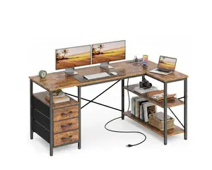 47 Inch L Shaped Desk with Power Outlets, Computer Desk with 3 Drawers, Shelves, Monitor Stand, Corner Work, Rust Brown