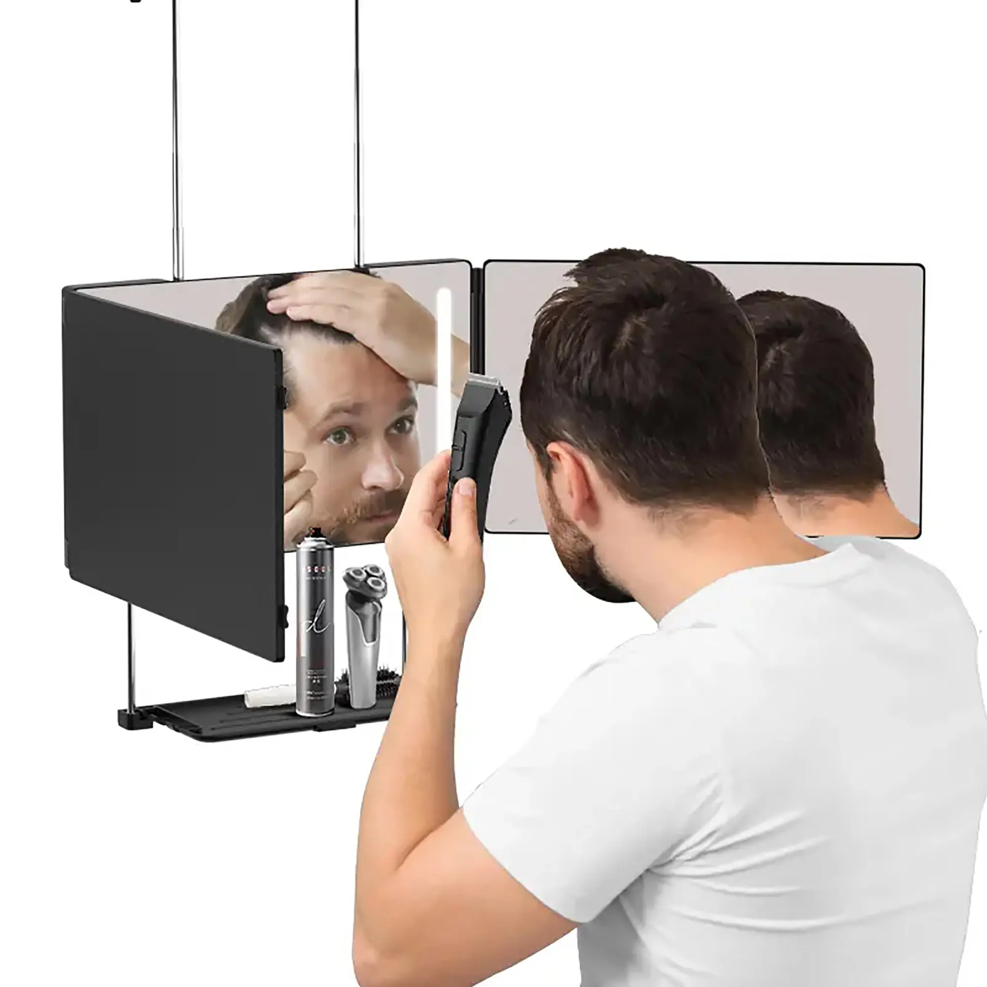 360 Self Hair Cutting Mirror LED, 3 Way Mirror with Storage Shelf, HD Glass, Matte Anti-Fingerprint, 3 Color Lights, Portable Barber Mirror, Illuminated Mirror, Led Lighted Mirror, Light Up Mirror, Haircut Mirror