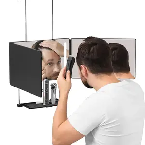 360 Self Hair Cutting Mirror LED, 3 Way Mirror with Storage Shelf, Premium HD Glass, Matte Anti-Fingerprint, 3 Color Lights, Portable Barber Mirror, Led Lighted Mirror
