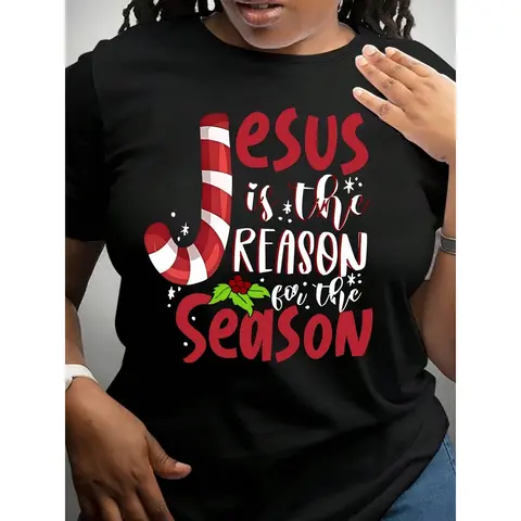 Christmas REASON FOR THE SEASON Print Crew Neck T-Shirt - Fashionable Womens Graphic Print T-Shirt - Casual Short Sleeve Crew Neck Top - Lightweight & Breathable For Spring & Summer Wardrobe, 1 Piece, 200g