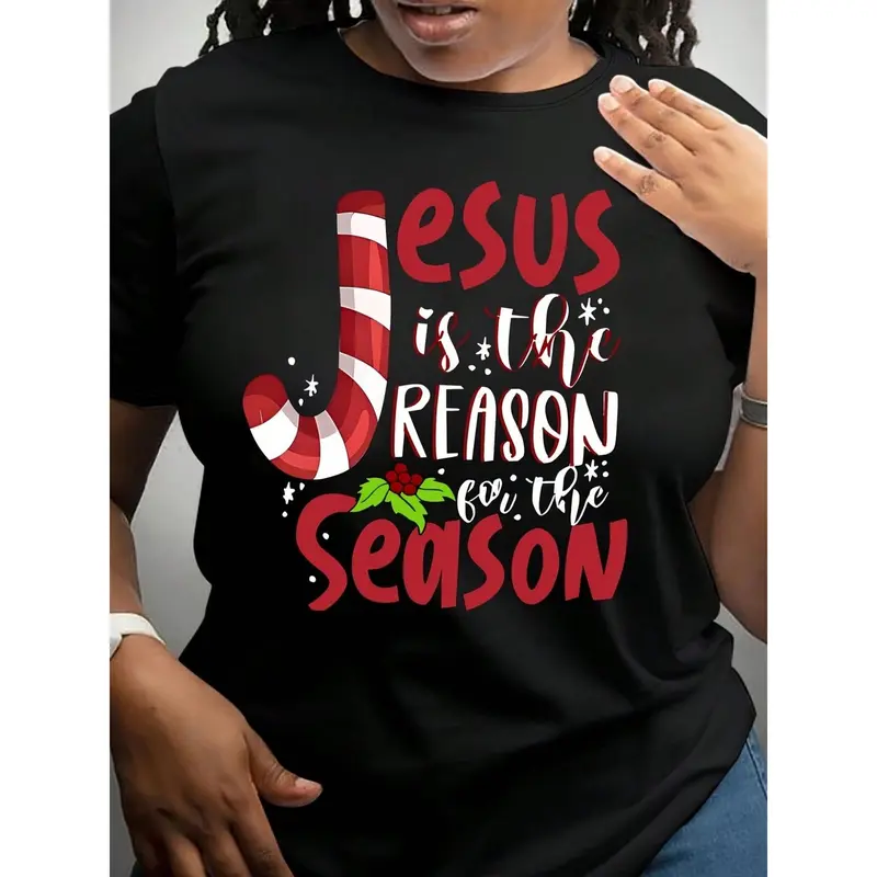 Christmas REASON FOR THE SEASON Print Crew Neck T-Shirt - Fashionable Womens Graphic Print T-Shirt - Casual Short Sleeve Crew Neck Top - Lightweight & Breathable For Spring & Summer Wardrobe, 1 Piece, 200g
