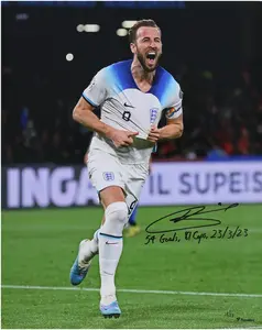 Harry Kane England National Team Autographed 16" x 20" White Jersey Celebrating 54th Goal Photograph with Multiple Inscriptions - Limited Edition of 23 - Fanatics Authentic Certified