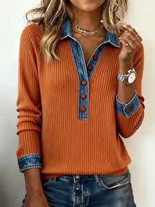 Denim Collar Long Sleeve Sweater Black Solid Color with Button Front And Cuff Details Casual Wear for Women, Multiple Colors Available