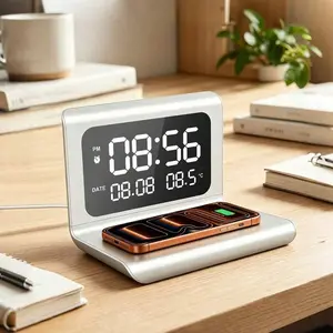 Digital Alarm Clock Wireless Charger Stand, Multifunctional Desk Clock with Temperature Display, Fast Wireless Charging Station for iPhone Samsung for Bedroom Office