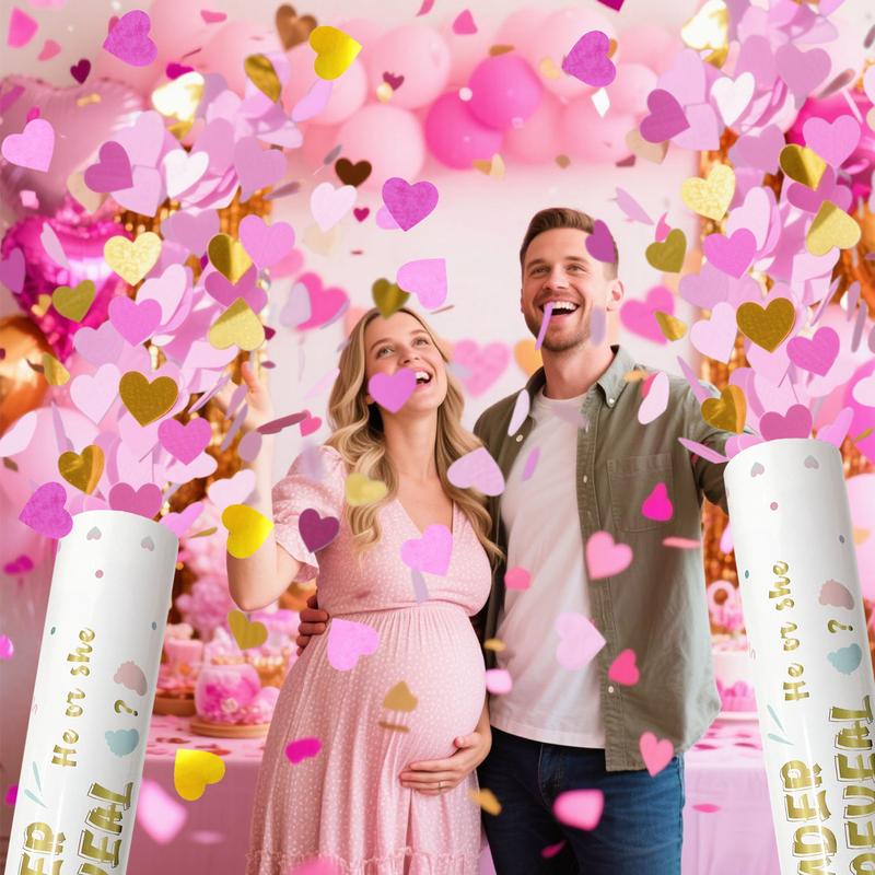 Gender Reveal Confetti Cannon - Biodegradable Heart Shaped Confetti Party Poppers - Pink, 4 Pack - Baby Girl Gender Reveal Party Poppers Cannons Shooters Blaster