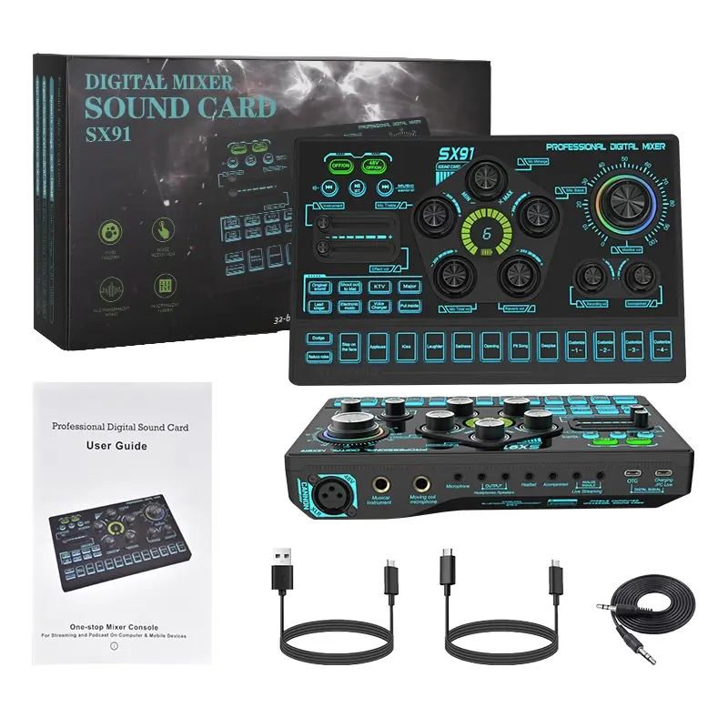 Sx91 48v Audio Mixer with Voice Changer, Professional Podcast Mixer, Ideal for Phone Games, Karaoke, Studio Recording & Live Streaming