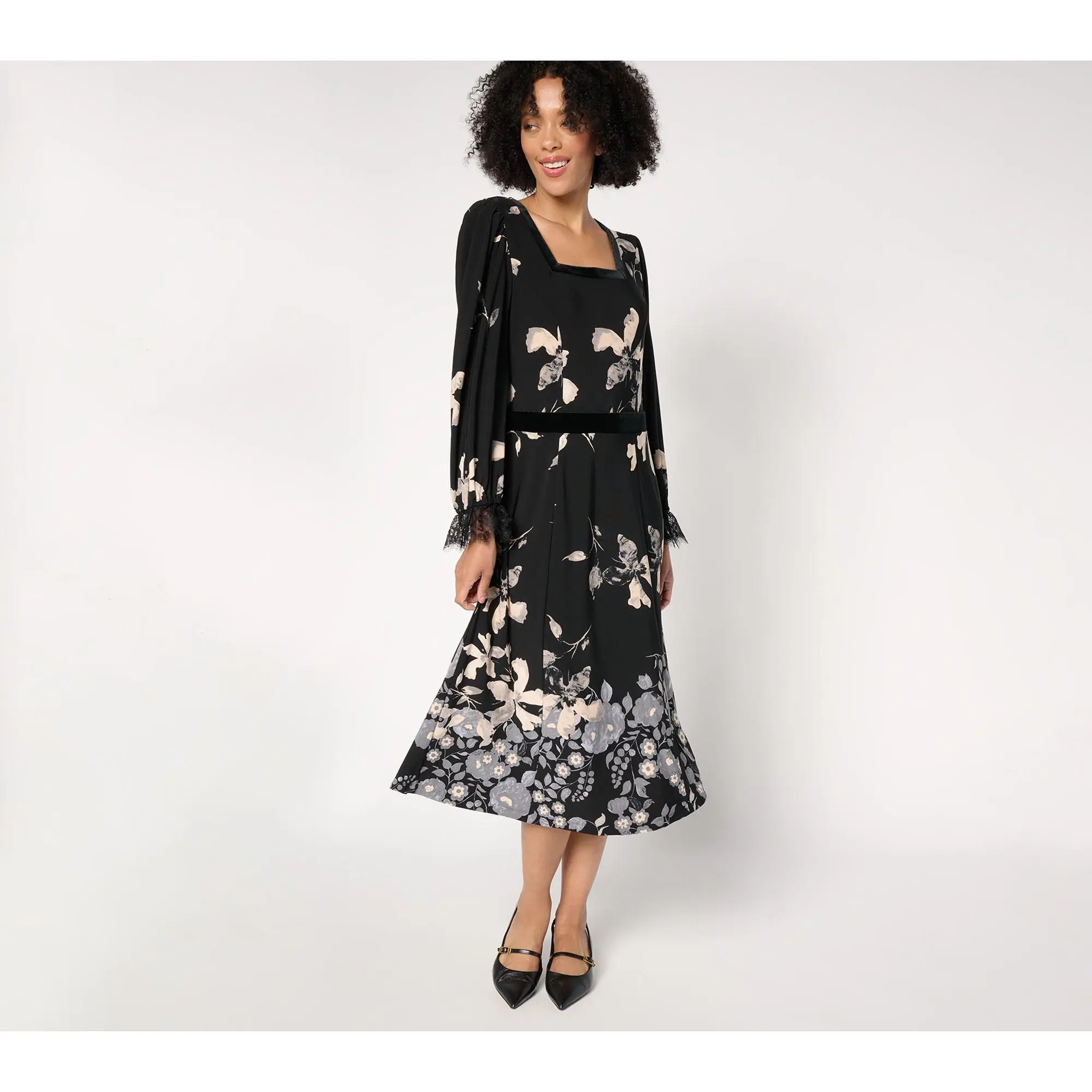 Susan Graver Pet Printed Liquid Knit Lace & Velvet Trim Midi Dress