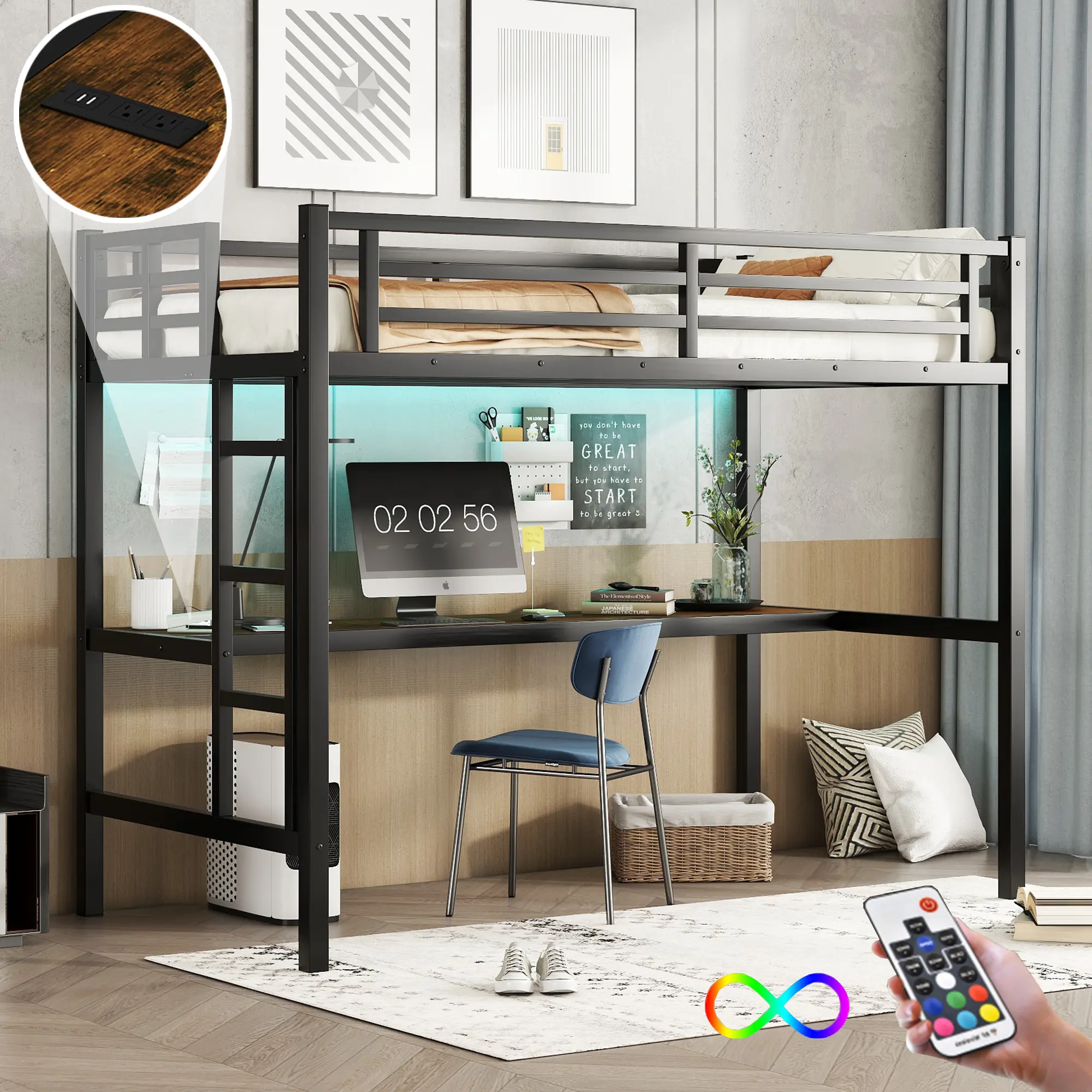 Bellemave Black Metal Loft Bed - Space-Saving Bed Frame with Built-In Power Outlet, LED Lighting, Noise-Reduced Structure