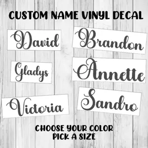 Custom Name Vinyl Decal Personalized Cursive Lettering Sticker Organizer, Bottles, Cups, Canister, Tin, Laptop, Luggage, Car, Truck, Window, Wall