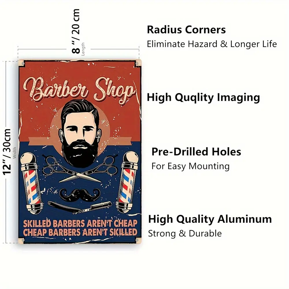 Vintage Eco-Friendly Durable Metal Barber Sign, 8x12 in/30x20 cm 1pc Lightweight Retro Tin Plaque with Folded Edges - Handmade "Skilled Barbers Aren’t Cheap" Hairdresser Shop Wall Decor Home Decoration Gift Signage
