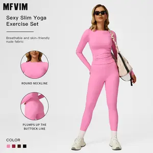 Women's Solid Long Sleeve Skinny T-Shirt & High Waist Leggings Tracksuit Set by MFVIM - Sporty Breathable Quick-Dry Outfits for Yoga, Gym, Workouts, Running, All-Season Ladies Activewear