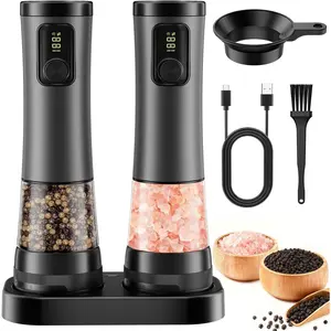 Electric Salt and Pepper Grinder Set - Rechargeable Salt Grinder with Led Power Display - Automatic Pepper Grinder with Storage Base - Pepper Mill with Light for Kitchen