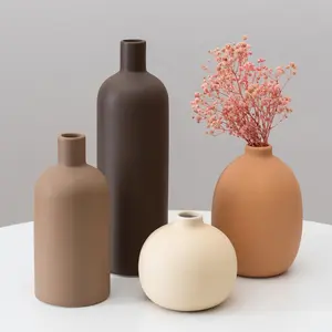 Ceramic Vase Set of 4, Modern Neutral Colors Home Decor, Rustic Farmhouse Decorative Flowers Vases for Bouquet, Pampas | Table Mantel Centerpiece Bookshelf Living Room Bedroom (Neutral Mix Set of 4) KLMMX