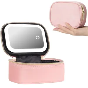 Pink/Black Portable Makeup Storage Bag with LED Mirror, Travel-Friendly Zippered Cosmetic Case, Portable Makeup Box, Compact Toiletry Organizer, Makeup Organizer Pouch for Women, Ideal for Daily & Travel Use