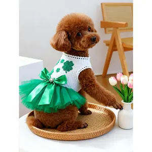 Cute pet puppy and kitten casual fashion clothing, St. Patrick's tulle dress, dog dress with large bow, four-leaf clover embroidered dress Princess Skirt Harness Set Flower Girl Dog Dress Set Small Girl Pet Dress Set