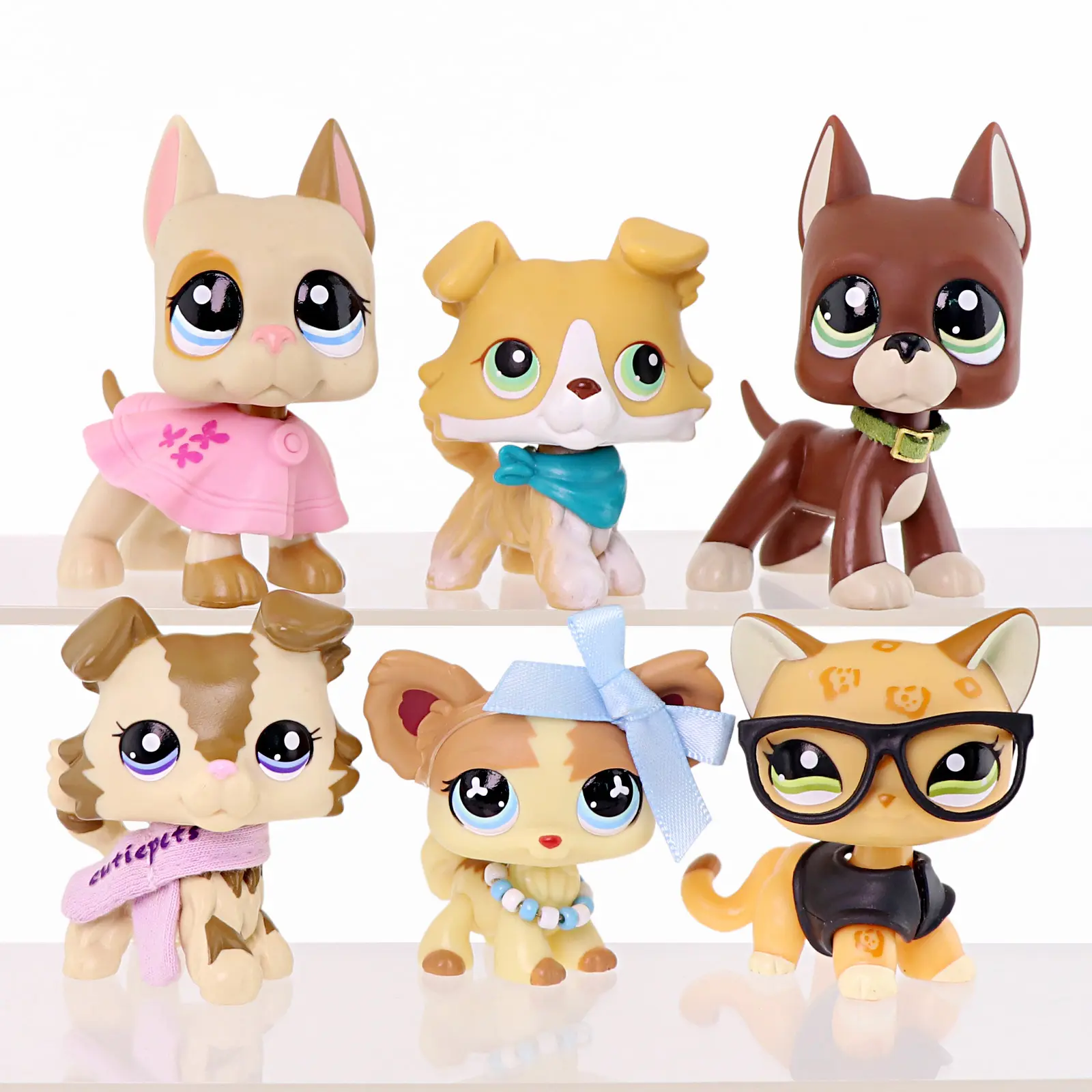6 Pcs Mini Pet Animal Figurines Set, Hand Painted Kitty Cat & Puppy Dog Figures with Skirt, Bow, Glasses and Scarf Accessories, Cute Desktop Ornaments, Collectible Toy Gift for Kids and Animal Lovers