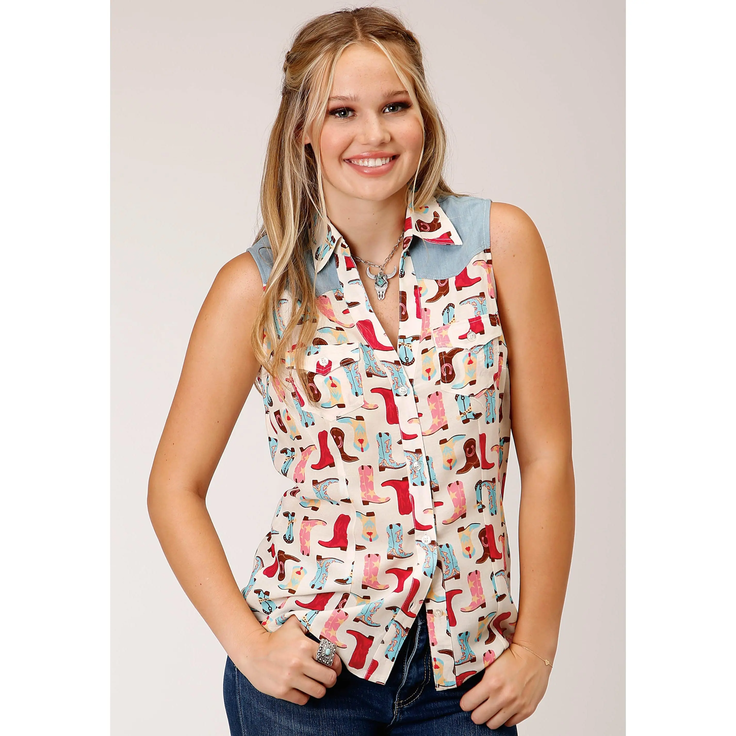 Womens Sleeveless  Boot Print Rayon Slvls Western Top Blouse