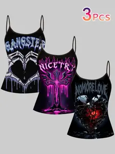Gothic Skull Heart Cross Print Straps, Dark Sexy Slim-Fitting Top Set of Three, Casual Sleeveless Clothing for Women