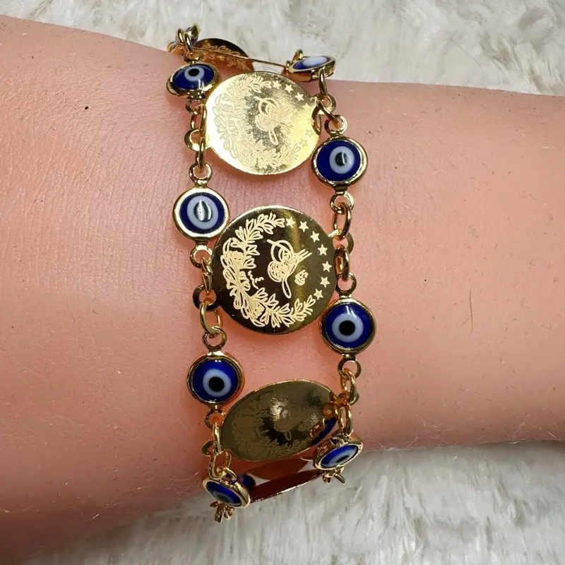 Pulseras de ojo con monedas oro y diseño de ojos azules elegante y duradera para mujer