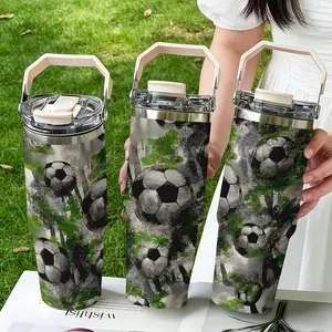 30oz Stainless Steel Handheld Water Bottle, Football Grass Print Design, Dual-Layer Vacuum Insulated Cold & Hot, Portable Travel Cup Gift