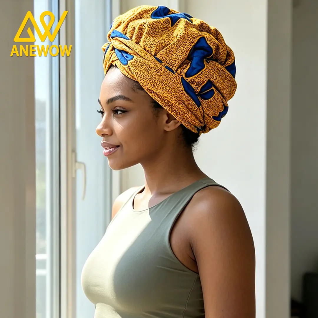 ANEWOW Gold Blue Abstract Ankara Satin Lined Turban Stretch Hair Wrap Bonnet For Women Curly Braids Hair Sleep Daily Office Wear
