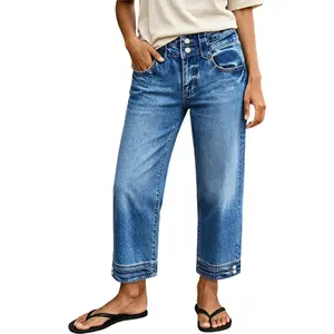 Flamingals Wash Button Decor Mid Waist Straight Leg Crop Jeans Womenswear Stretchy 24.8" Inseam