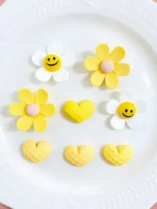 DIY Cute Yellow White Flower Heart Shoe Charms 8PCS Set Customizable for Croc Clogs Smiley Face Floral Accessories for Women Girls to Customize Shoes Decor
