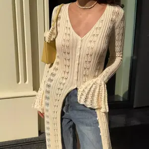 Vacation Style Hollow Out Bell Sleeve Knit Cardigan Casual Long Loose Hem Cardigan plain button front raw hem solid