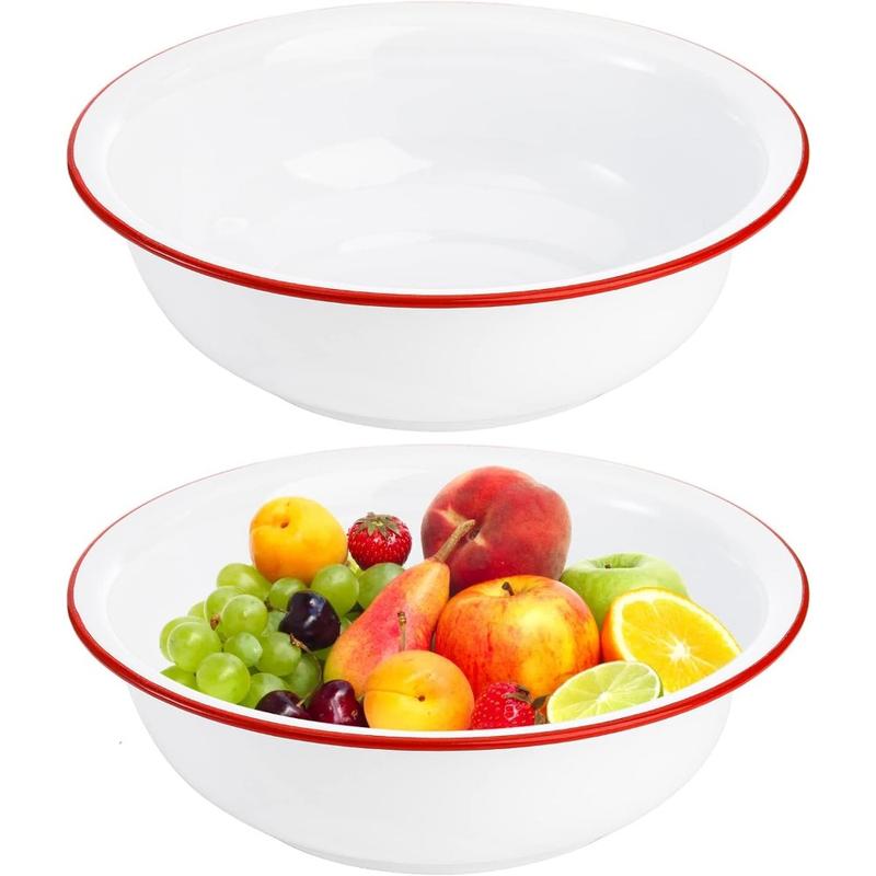 Set of 2 Enamel Bowls, 3 Quart Large Enamel Mixing Bowls, White Enamelware with Red Rim, 11 Inch Vintage Enamel Soup Basins for Fruit, Salad, Pasta, Dinner