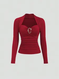 Women's New Autumn Long Sleeve T-Shirt Wrap with Metal Decor and Hollow-out Design, Slim Fit Casual Fashion, Lady Tops, Fitted, Womenswear