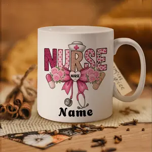 1pc 11oz Nurse Name Mug 11oz – Custom Stethoscope & Floral Design Cup