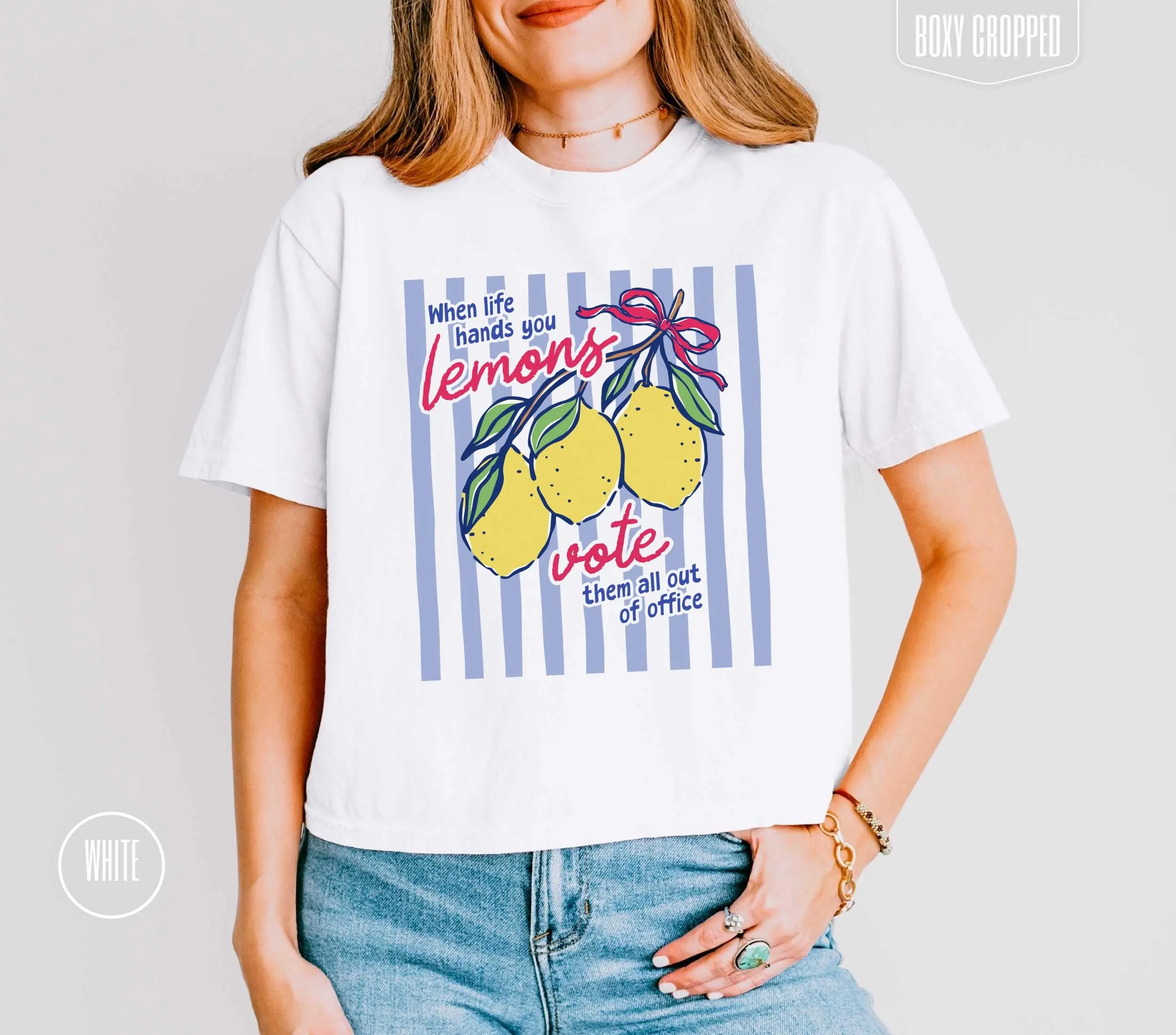 Subtle Political Summer Lemon Boxy Cropped Comfort Colors Preppy Stripe Election Tee Vote Them Out Anti Maga T-shirt For Activist Voter