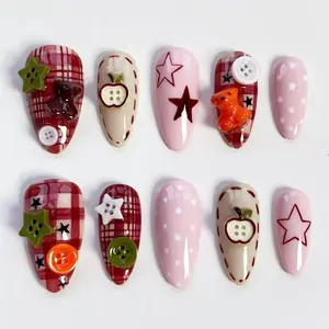 Red plaid nails/Apple nails/press on nails long almond nails/Cute nails/Pink polka dot nails/button nails/Y2K Kawaii nails/Birthday nails