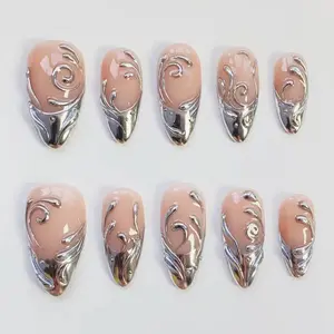 3D silver chrome nails/3D Gel press on nails long almond nails/Y2K nails/French Nails/Gothic nails/Goth nails/Birthday nail/Custom nails
