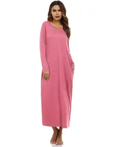 Christmas Gifts for Her - Plus Size Women's Long Sleeve Cotton Nightgown, V-Neck Full Length Sleep Shirt with Pocket, Cozy Sleepwear & Holiday Pajamas
