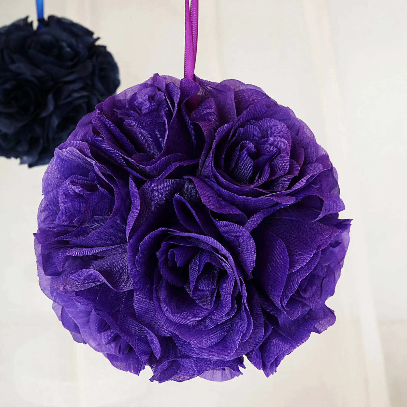 2-Pack Purple Artificial Silk Rose Kissing Balls - 7in Silk Faux Flowers, 4in Organza Decor, for Wedding, Party, Engagement, Birthday Home Decorative Accents & Flower Arrangements